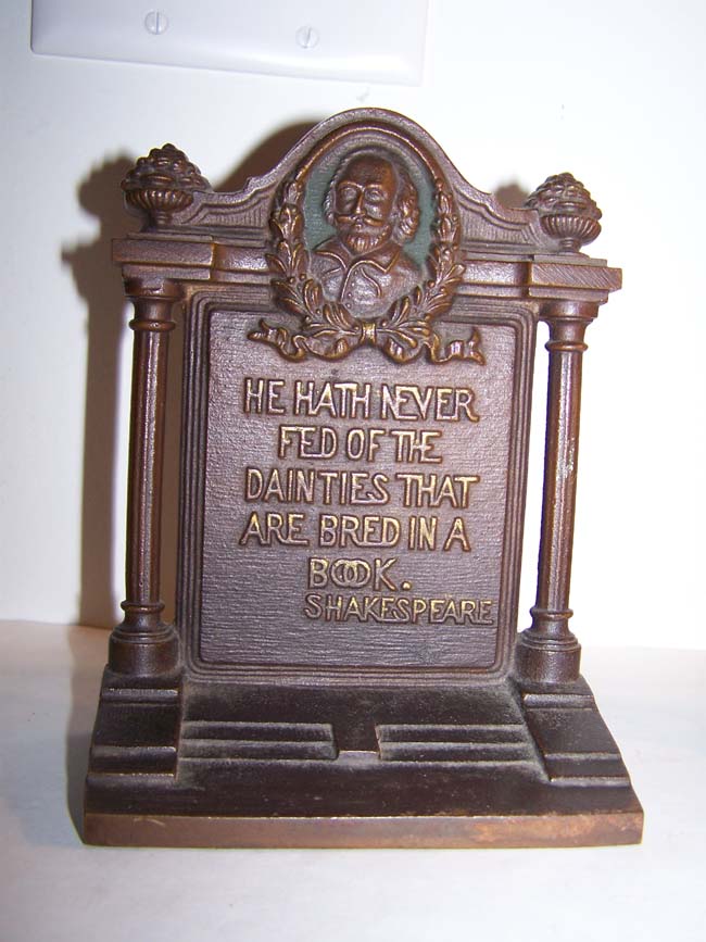 A fine Pair of Antique Bookends by Bradley & Hubbard circa 1920 with quotes by Shakespeare and Oliver Wendell Holmes. — image 2
